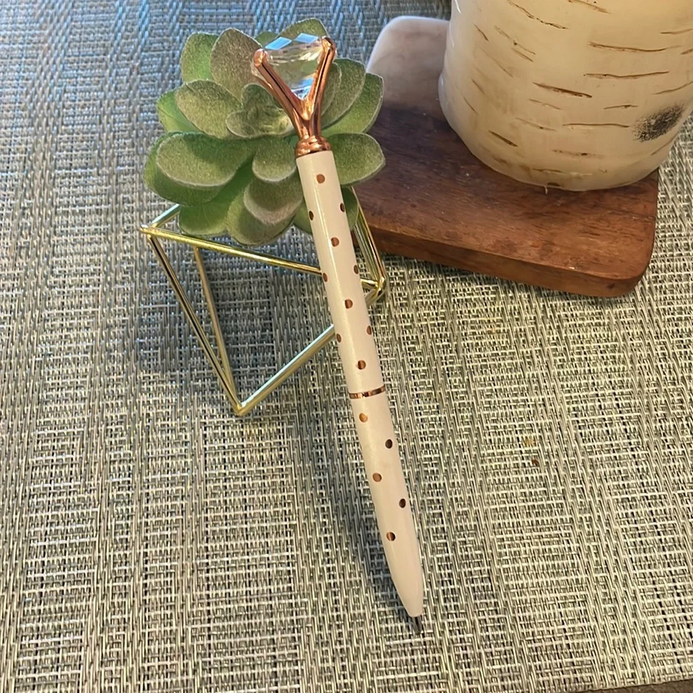 #60 NWT White and Rose Gold Polka Dot Pen with Diamond Jewel Top - Picture 11 of 16